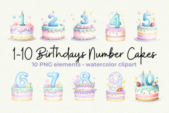 Adorable 1-10th Birthday Cake Clipart Kawaii PNG for Your Projects
