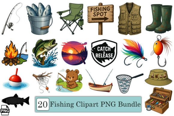 Cute Fishing Clipart PNG Bundle for Outdoor Designs