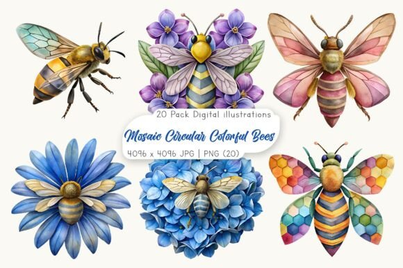 Mosaic Circular Colorful Bees Coasters: Vibrant Design Assets