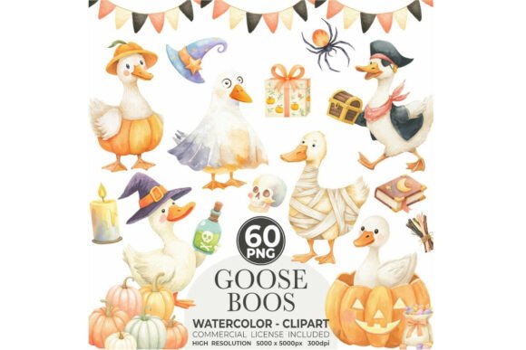 Silly Goose Halloween Watercolor Clipart: A Playful Design Asset