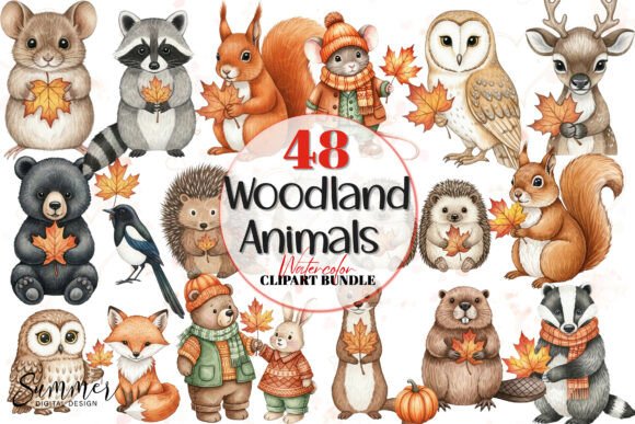 Woodland Animals Fall Leaves Clipart for Creative Projects